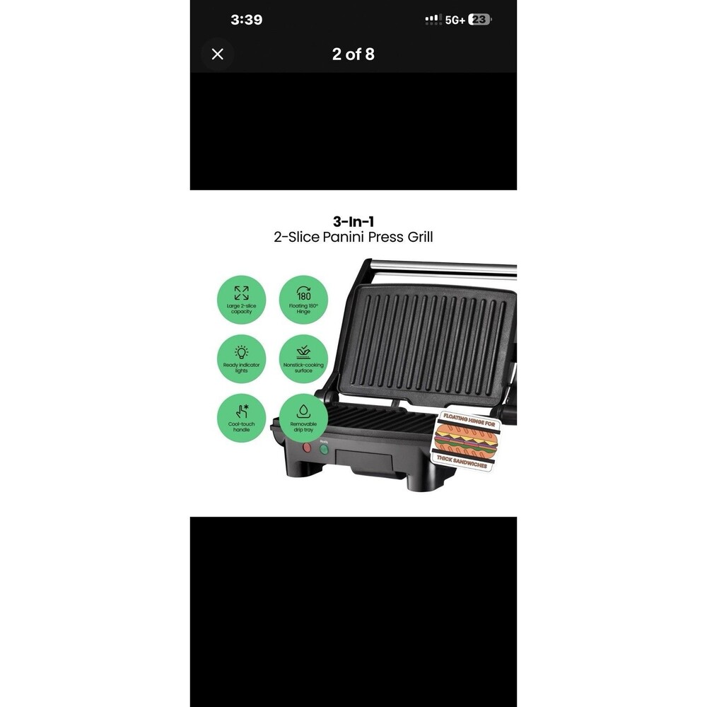Electric Panini Press Grill and Gourmet Sandwich Maker w/ Non-Stick Coated Pl...